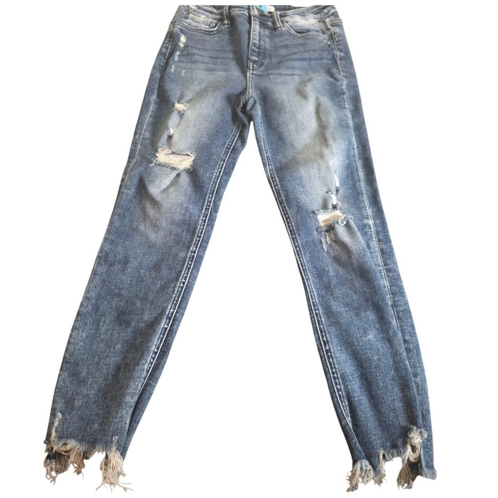 Flying Monkey Jeans — Size 29, Medium Wash, Distressed Knee + Frayed Hem